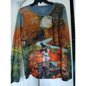Gloria Vanderbilt Casuals Long Sleeve Shirt Womens M Halloween Puppy Pumpkin Fal